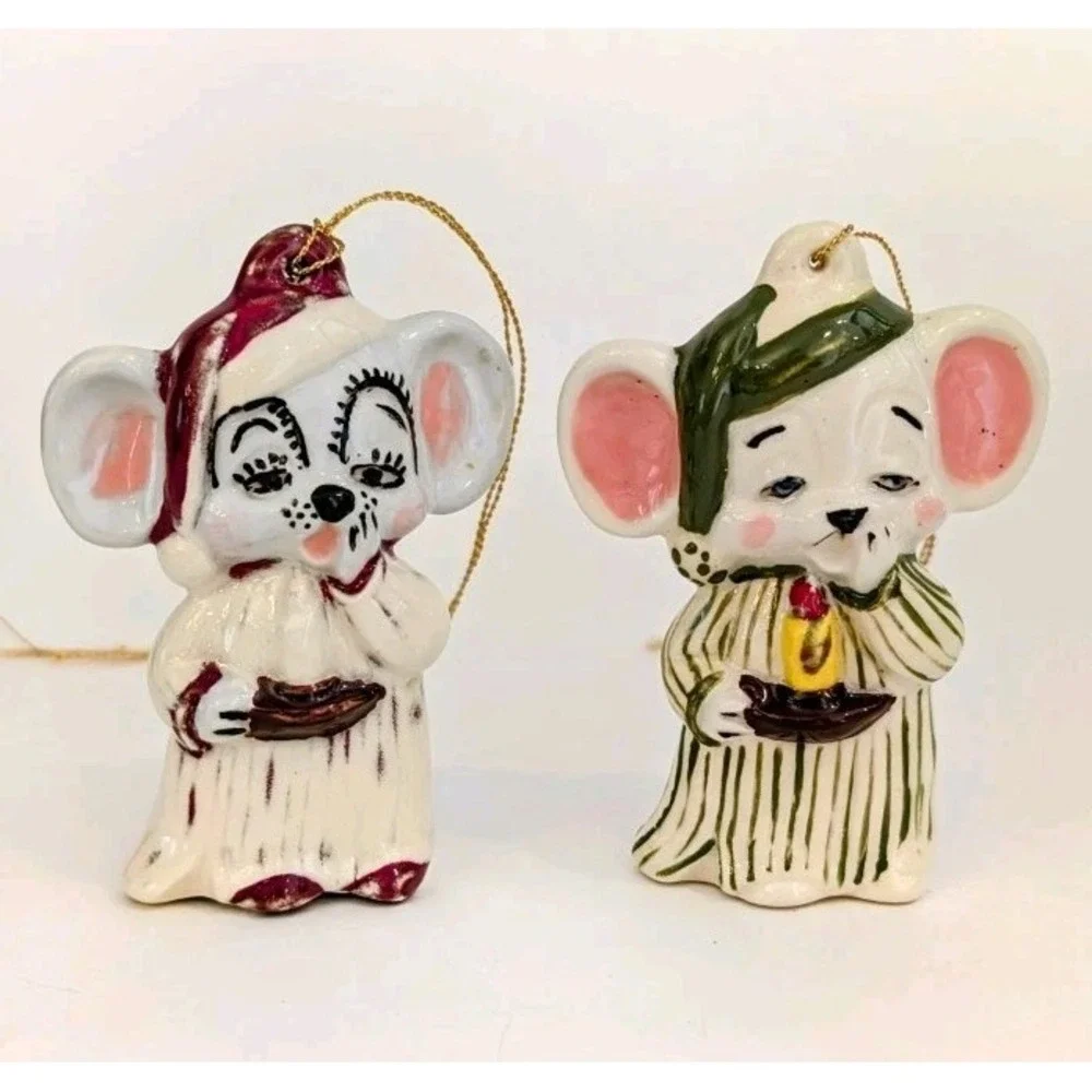Mouse in Pajamas w Candle Hand Made Painted Ceramic Christmas Ornament Lot Of 2